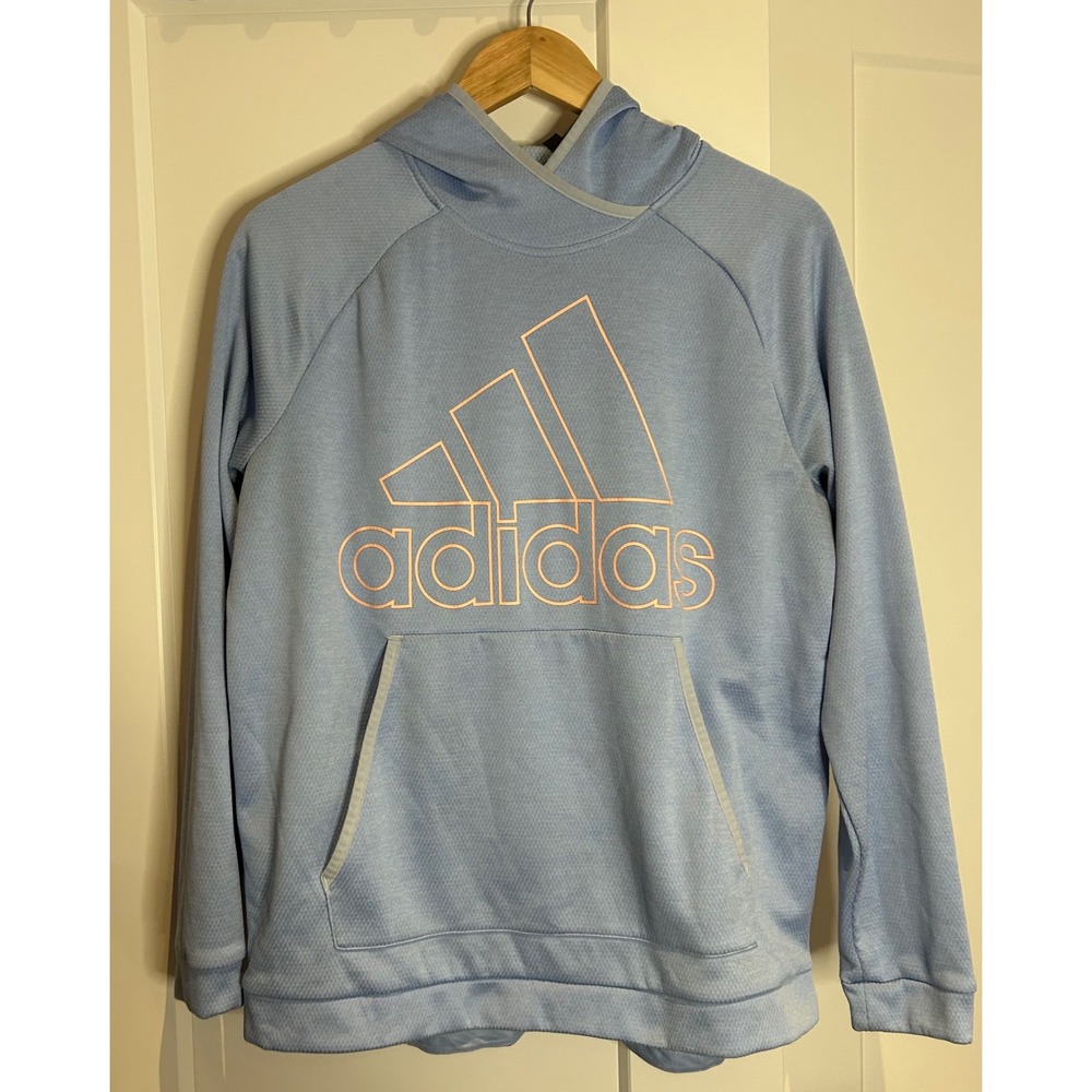 Adidas ClimaWarm Hoodie Womens Large Blue‎ Pink Logo Pullover Sweatshirt Active